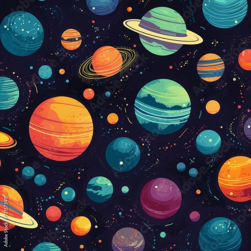 the planets illustrated in this colorful tiled pattern, in the style of nostalgic imagery, solarizing master Job ID: 5431b6bf-09ef-44e1-adae-1e353aebf738 photo