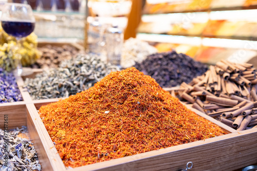 Close-up, colorful spices and sweets in the bazaar in Istanbul. Eastern, traditional, local. Many types of spices ready for sale, pepper varieties. Bazaar for tourists. © Елена Бабанова