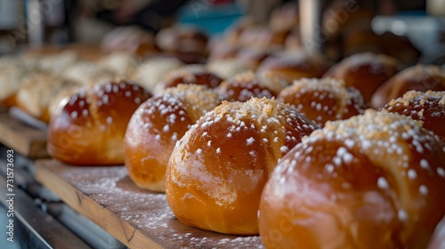 Freshly baked sweet buns on display at a bakery. delicious homemade pastries close-up. perfect for food blogs and menus. AI