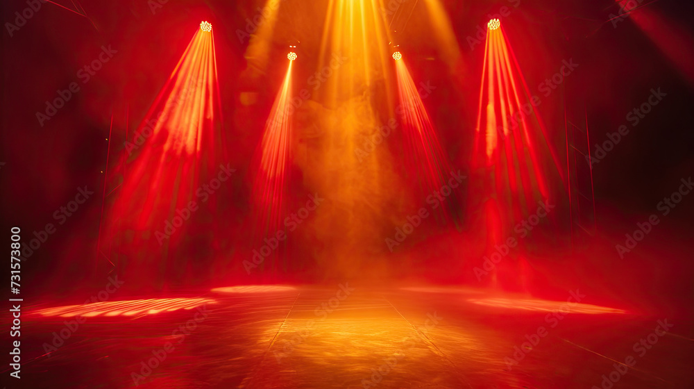 Free stage with lights and smoke, Empty stage with red and yellow spotlights, conser, show, party, Presentation concept.  red and yellow spotlight strike on black background