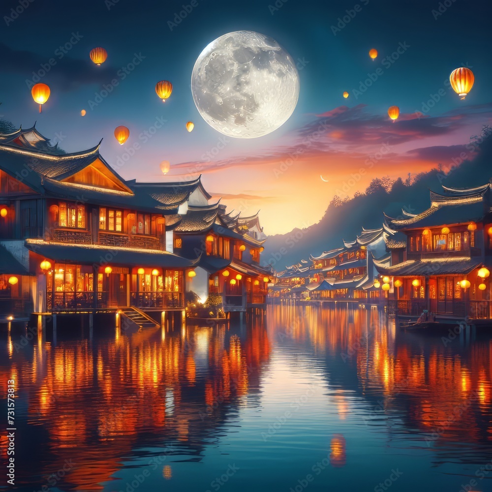 Chinese lake village with beautiful traditional houses decorated for the Chinese Lantern Festival