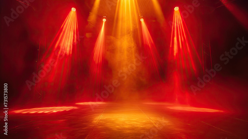 Free stage with lights and smoke, Empty stage with red and yellow spotlights, conser, show, party, Presentation concept. red and yellow spotlight strike on black background