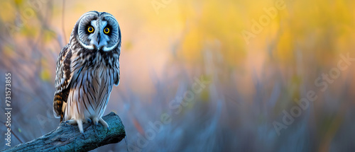 Banner of a short eared owl on blured nature background, with empty copy space photo