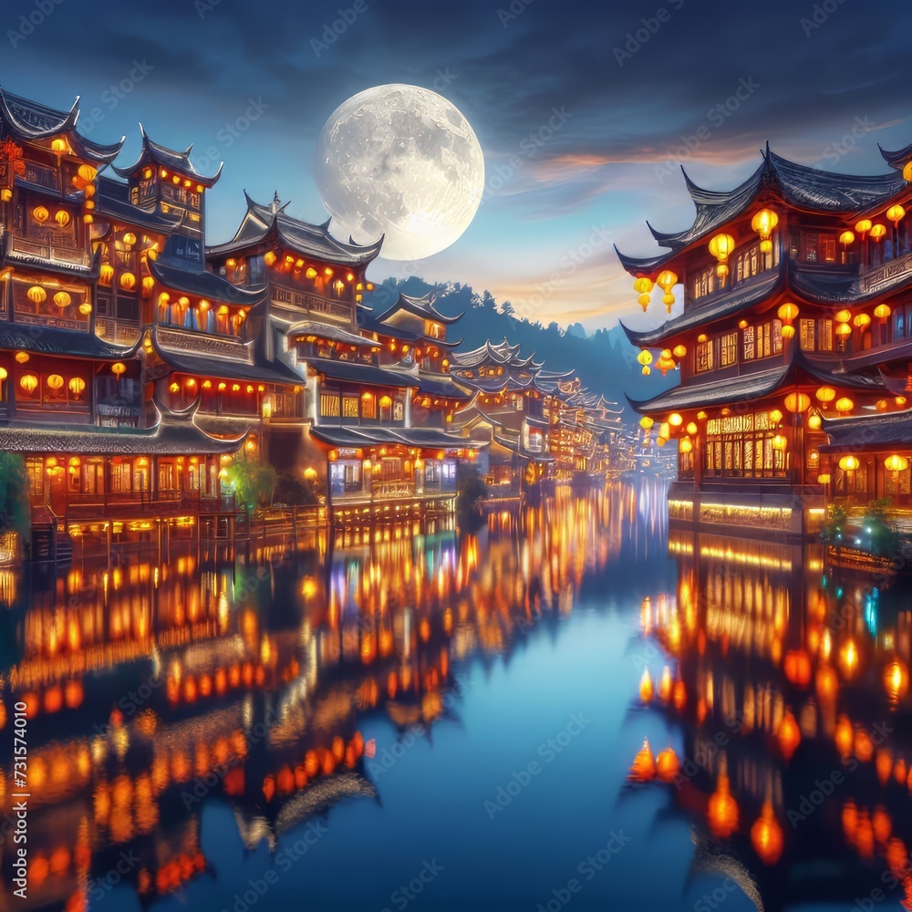 Obraz premium Chinese lake village with beautiful traditional houses decorated for the Chinese Lantern Festival