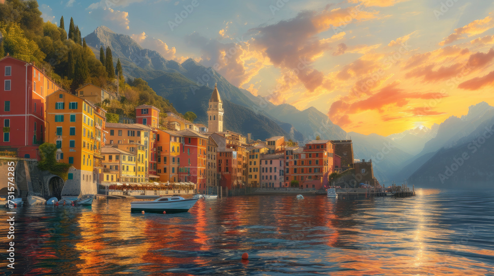 A coastal town with vibrant buildings and shimmering water reflecting the sunset