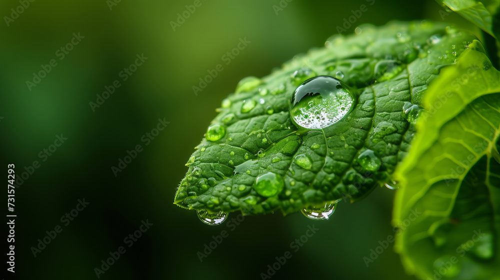 A raindrop on a leaf is captured up close A raindrop on a leaf is captured up close