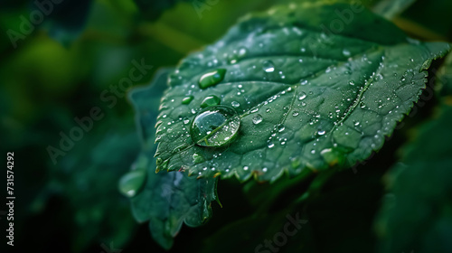 A raindrop on a leaf is captured up close