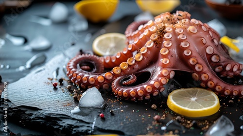 Fresh octopus on a dark slate with lemon and spices. culinary seafood delicacy. close-up shot of tentacles. ideal for culinary and gourmet themes. AI photo