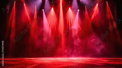 Free stage with lights and smoke, Empty stage with red spotlights, conser, show, party, Presentation concept. Red spotlight strike on black background. banner 