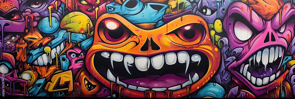 The wall comes to life with a dynamic graffiti cartoon design, created with bold spray paint and playful artistic flair. The wall comes to life with a dynamic graffiti cartoon design, created with bold spray paint and playful artistic flair.