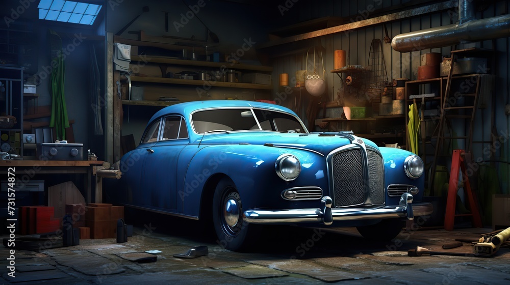 Obraz premium Retro Vintage Old Blue Car in Garage