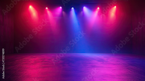 Free stage with lights and smoke, Empty stage with red and violet spotlights, conser, show, party, Presentation concept.  red and violet   spotlight strike on black background