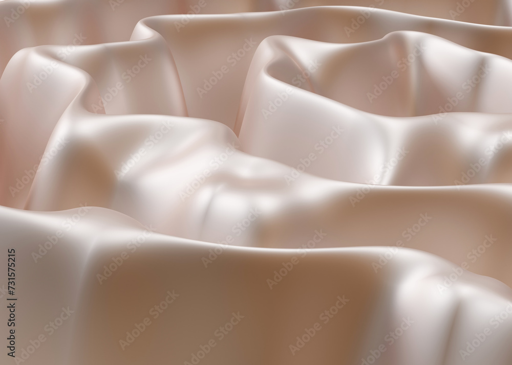 Fototapeta premium Luxurious cream-colored satin fabric undulating in soft waves, a versatile background for premium branding, sophisticated advertising, or elegant packaging. Abstract nude gradient backdrop. 3D render.