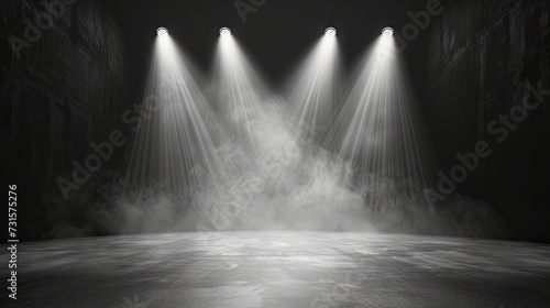 Free stage with lights and smoke  Empty stage with white spotlights  conser  show  party  Presentation concept. white spotlight strike on black background  vintage retro stage black white