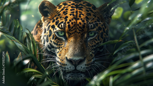 Jaguar with green eyes stalking prey  detailed vegetation in rainforest background