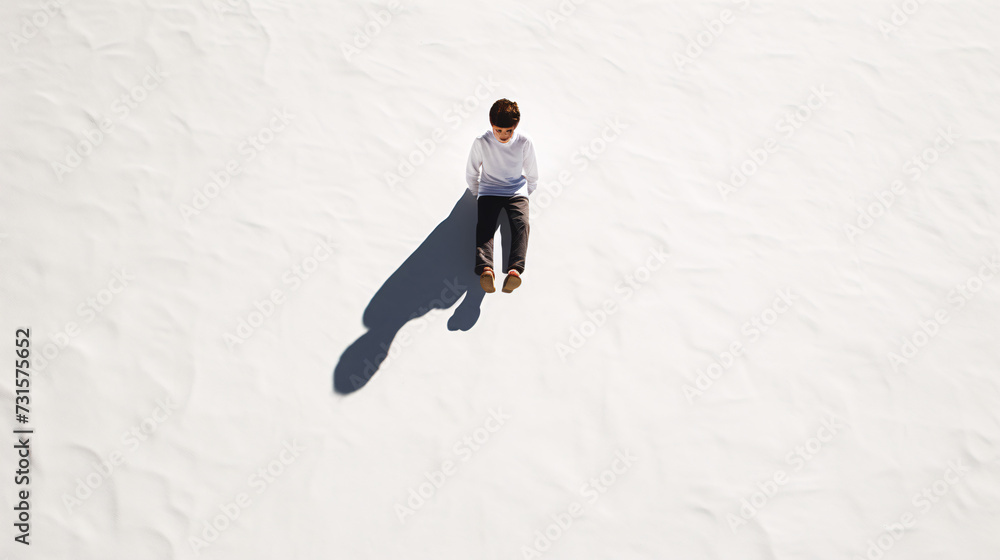 Young businesswoman using a laptop computer standing in shadow on white wall Young businesswoman using a laptop computer standing in shadow on white wall