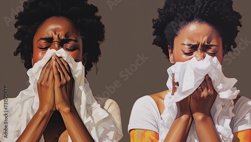 Amidst the throes of sickness, a woman exhibits flu or allergic symptoms as she coughs and blows her nose at home, underscoring the reality of managing illness in everyday life.