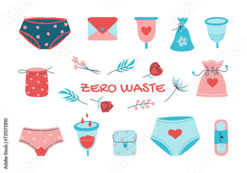 Various reusable feminine care products, eco-friendly women's menstrual cycle protection items. Set of hand drawn feminine menstrual hygiene icons. Isolated vector illustration