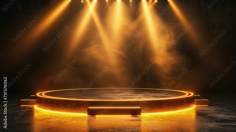 Free stage with lights and smoke, Empty stage with yellow spotlights, conser, show, party, Presentation concept. yellow spotlight strike on black background, empty yellow podium