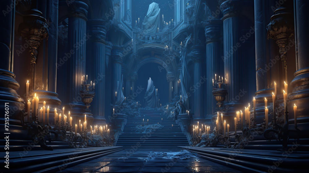 Medieval palace hallway with burning candles Medieval palace hallway with burning candles