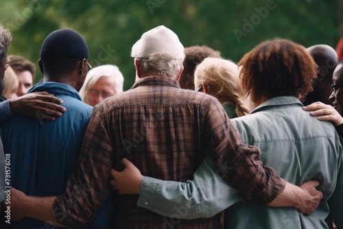 cropped shot of a group of unidentifiable people standing together in a huddle at an outdoor gathering