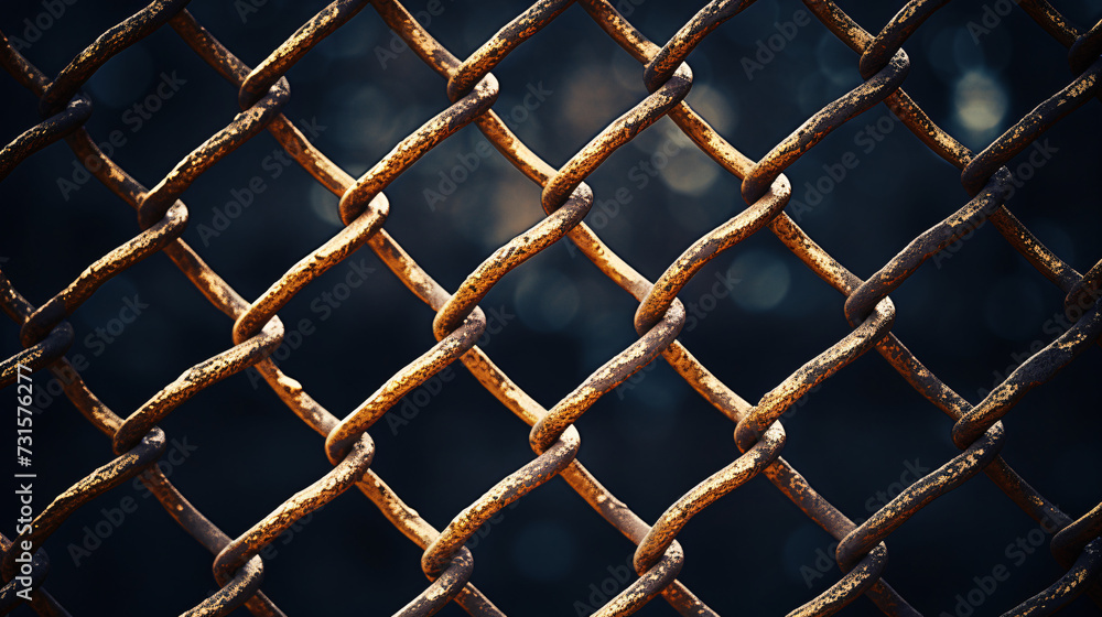 Fototapeta premium abstract background of rusty chain link fence on dark blue toned