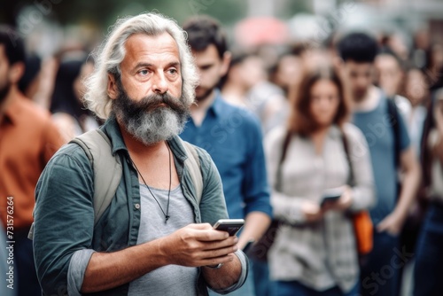 shot of an unrecognizable man using his cellphone while waiting in line to sign up for online dating photo