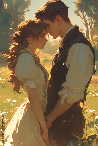 young couple in love in the 19th century in a blooming spring garden, characters for the cover for a novel photo
