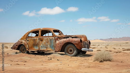 Old classic wreck of retro vintage car left rusty ruined and damaged abandoned in the desert