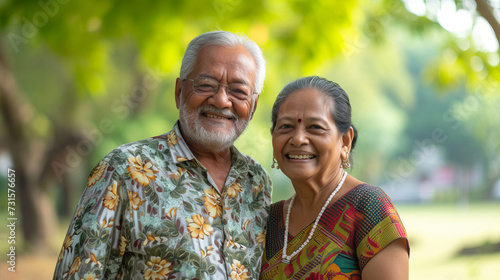 Indian ethnicity. Portrait of Happy senior couple at summer park © standret
