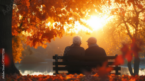 Fototapeta Naklejka Na Ścianę i Meble -  Senior couple sitting on bench in autumn park and looking sunset
