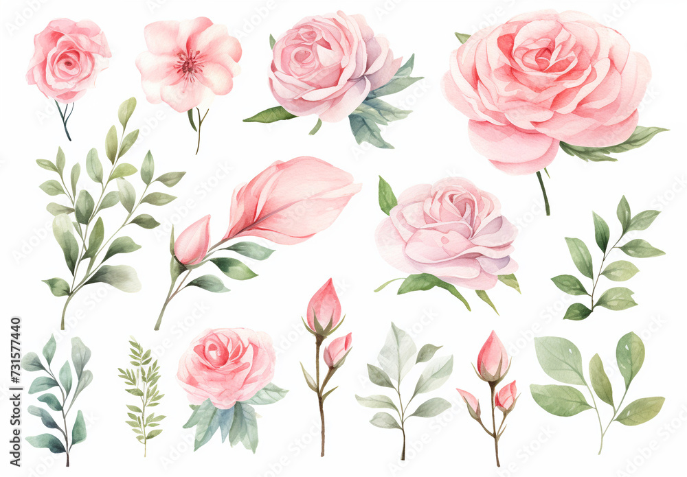Set watercolor design elements of roses collection garden pink flowers, leaves, gold branches Generation AI Set watercolor design elements of roses collection garden pink flowers, leaves, gold branches Generation AI