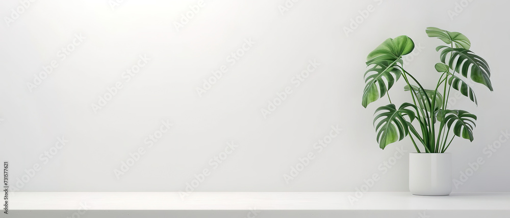 image of a monstera in modern pot, with empty copy space, plain background with shadows image of a monstera in modern pot, with empty copy space, plain background with shadows