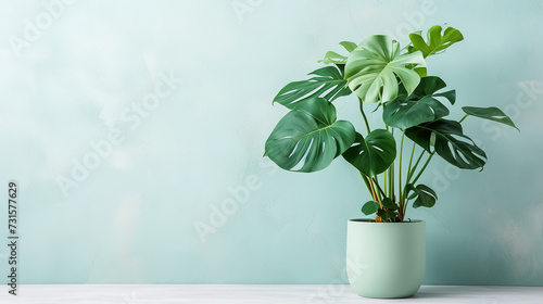 image of a monstera in modern pot, with empty copy space, plain background with shadows