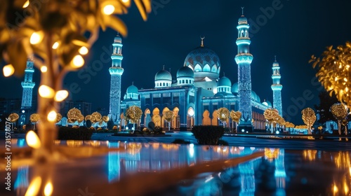 Serene photos depicting mosques lit up with decorative lights during the holy...