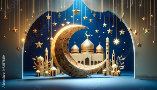 Ramadan Kareem vector card with 3d golden metal crescent, hanging stars, paper cut clouds, mosque. Arabic style arch with traditional pattern. Copy space.