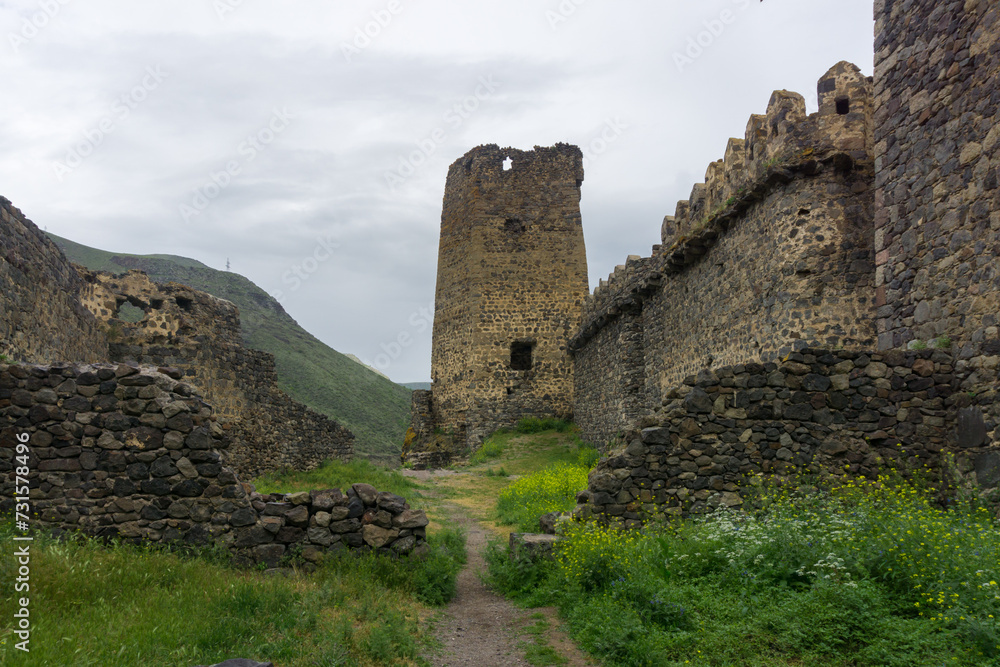 Khertvisi fortress. Defence towers and walls made from stone.