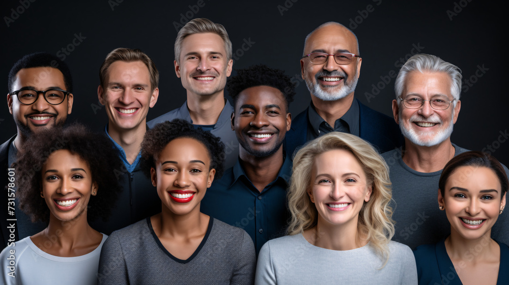 Obraz premium Portrait of smiling multiethnic group of people over black background. Headshots