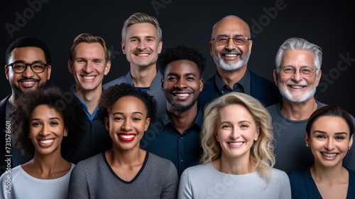 Portrait of smiling multiethnic group of people over black background. Headshots
