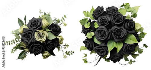 Top view of isolated black and green roses bouquets with green floral ornaments. Flowers bunch on transparent background. Generative AI. 