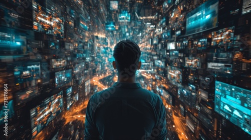 Surrounded by gadgets and screens, the businessman navigates the digital land...