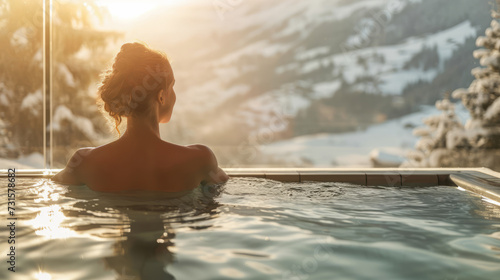 A woman enjoying a hot pool at a spa retreat  surrounded by a snowy mountain landscape  with steam rising from the warm water during winter. Ai generative