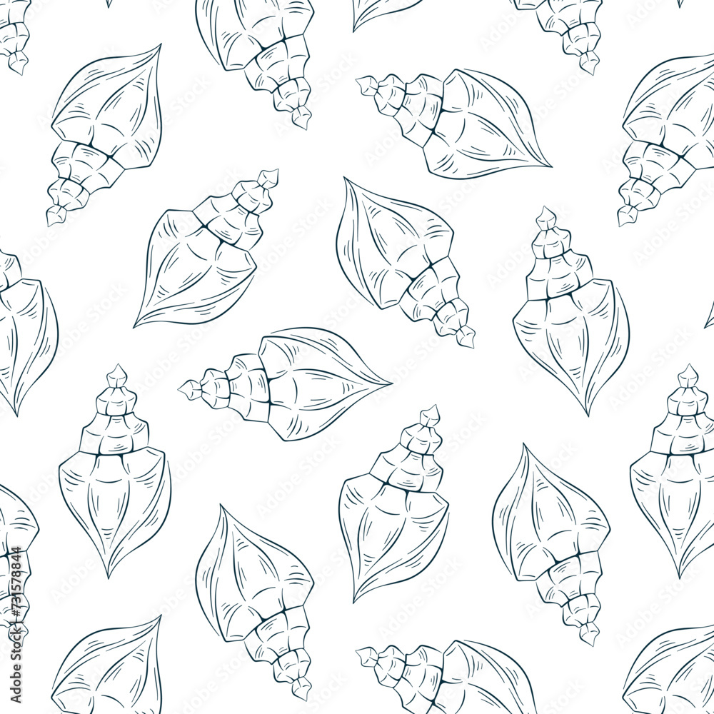 Seashell seamless pattern in line art style. Undersea repeat texture background. Summer design for textile fabric design, restaurants. Vector illustration on a white background. Seashell seamless pattern in line art style. Undersea repeat texture background. Summer design for textile fabric design, restaurants. Vector illustration on a white background.