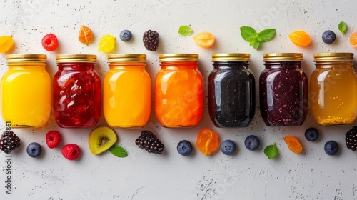 Minimalist backdrops adorned with jars of vibrant fruit jams