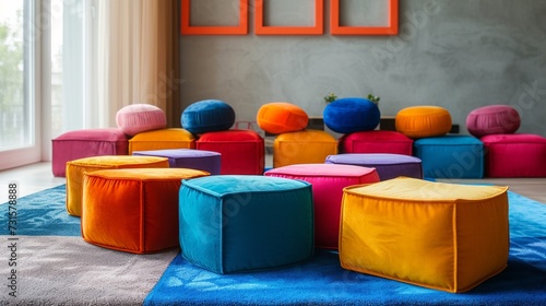 Colorful, whimsical poufs add a fun and functional element to a modern childr...