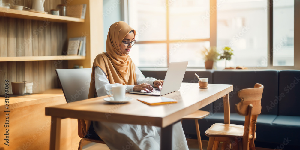 Happy muslim woman engaging in remote work at a cozy cafe with natural light. Generative AI Happy muslim woman engaging in remote work at a cozy cafe with natural light. Generative AI