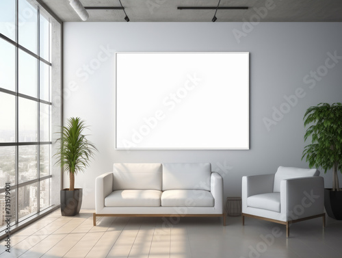 Modern office interior with a blank white canvas frame on the wall  furniture  and decorative plants. Ai generative