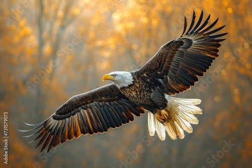 Bald Eagle Soaring Over Autumn Forest: The Beauty and Power of Nature © ЮРИЙ ПОЗДНИКОВ