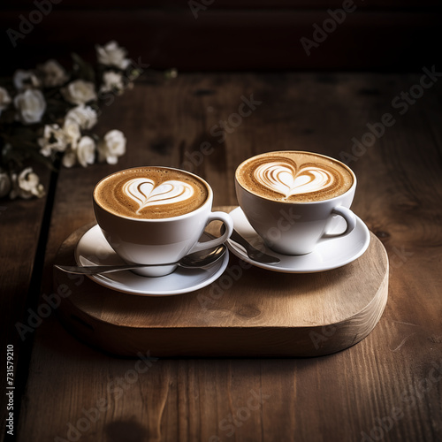 AI generated illustration of two heart-shaped coffees served on a stylish tray