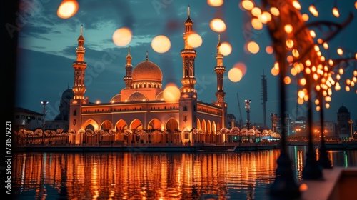 Serene photos depicting mosques lit up with decorative lights during the holy...
